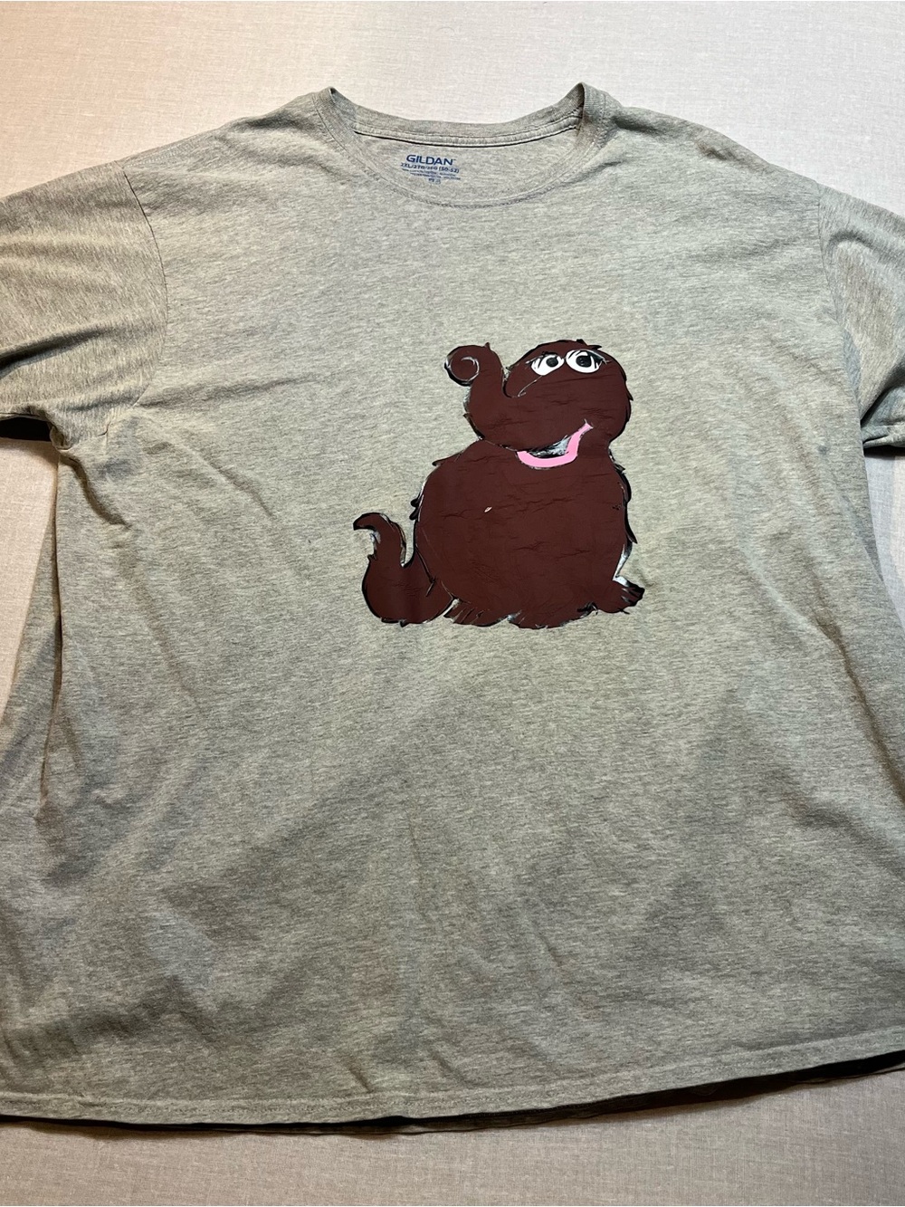 Gildan Heather Gray Tee with Brown Cartoon Creature and Pink Accent